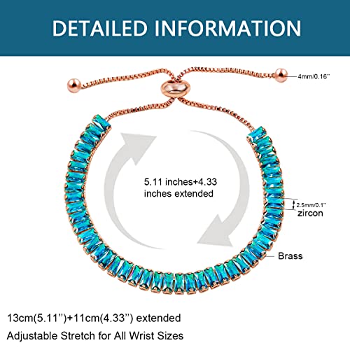 Uloveido Classic Emerald Cut Rectangular Cubic Zirconia Eternity Tennis Bracelet Adjustable for Women Y1788 - color: Rose Gold-Light Blue