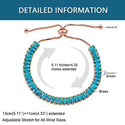 Uloveido Classic Emerald Cut Rectangular Cubic Zirconia Eternity Tennis Bracelet Adjustable for Women Y1788 - color: Rose Gold-Light Blue