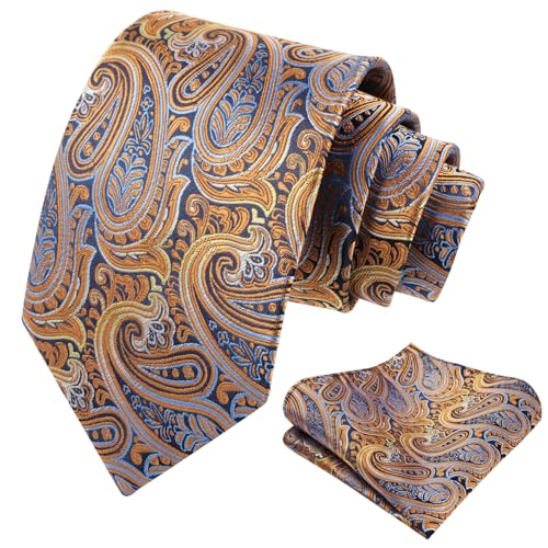 Alizeal Mens Gradient Paisley Necktie and Pocket Square Set | Elegant Design Perfect for Weddings Banquets Business Formal Events - color: 143-yellow Orange+blue