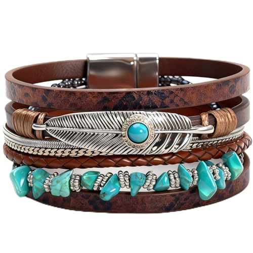 Leather Wrap Bracelets for Women, Boho Leopard Multi-Layer Crystal Beads Cuff Jewelry - color: J-Warp-022