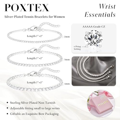 925 Sterling Silver Bracelets for Women Stack, Trendy Tennis Bangle Cuff Jewelry Set 14K Gold Plated, Adjustable Bracelet Set for Wrist Essentials, Women Fashion Watch Band Acecessories - style: Bracelet_3pcs(Silver Tennis Set)