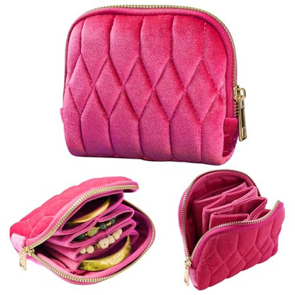KALUYA shunmei Small Jewelry Travel Case, Diamond Quilted Velvet, Hot Pink | 4.72"x4.72" bag with zipper, 5-layer velvet organizer pouch, for bangle, bracelet, earring, necklace, ring, for women girls - color: Hot Pink