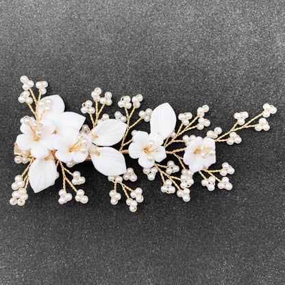 White Bridal Hair Clip Wedding Pearl Ceramic Flower Leaf Hair Piece Accessories for Women Girls