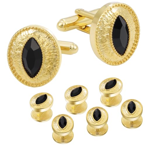 Tuxedo Studs and Cufflinks Set, Gold Cuff Links Mens and Tuxedo Shirt Buttons Suit Accessories Crystal Tux Studs for Shirt Formal Kit Business or Wedding - color: Black