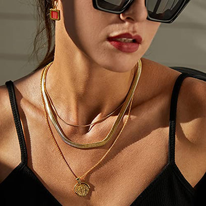 FRUMOS Dainty Layered Choker Necklace 18k gold Plated Y Pendant Commemorative coin Necklace Multilayer Bar Disc Necklace Adjustable Layering Choker Necklaces fashion jewelry for Women Girls - color: Soft snake necklace