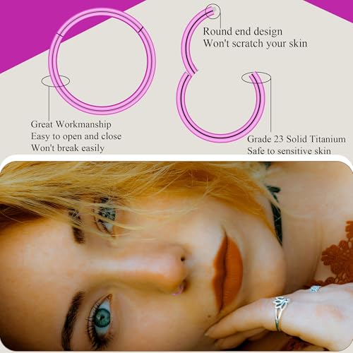 BLISI Grade 23 Titanium Nose Rings Hoops - 20G/18G/16G, 6/7/8/9/10mm Diameter, Hinged Click Rings for Nose, Lip, Helix, Cartilage, Rook - Hypoallergenic sleeper earrings, Black/Silver/Gold/Pink - color: 1PC, Pink, size: 18 Gauge, 9mm