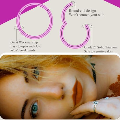 BLISI Grade 23 Titanium Nose Rings Hoops - 20G/18G/16G, 6/7/8/9/10mm Diameter, Hinged Click Rings for Nose, Lip, Helix, Cartilage, Rook - Hypoallergenic sleeper earrings, Black/Silver/Gold/Pink - color: 1PC, Pink, size: 20 Gauge, 10mm