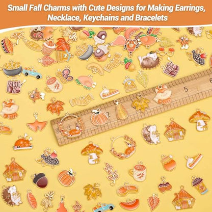 100Pcs 50 Pairs Fall Charms for Jewelry Making and Bracelets, Thanksgiving Autumn Charms Gold Enamel Jewelry Pendants for Earring Bracelet Necklace Crafts Making - style: Fall Charms