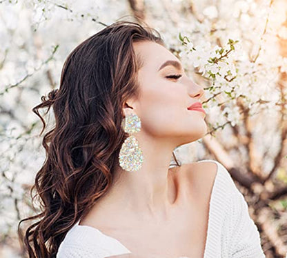 Rhinestone Statement Earrings Teardrop Costume Earrings Cluster Crystal Chandelier Drop Dangle Earrings for Women - color: AB