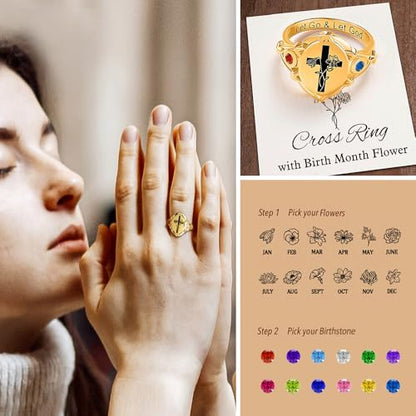 callie Custom Signet Ring - Engraved Text & Photo, Personalized Family Crest Coat Of Arms Rings, 925 Sterling Silver/Brass | Father's Day Jewelry Gifts for Men & Women - color: Cross-1
