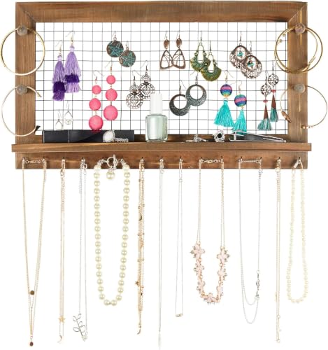 Rustic Jewelry Organizer Wall Mount with Bracelet Pegs-Necklace Holder Earring Hanger-Hanging Mounted Wooden Shelf to Display Earrings Necklaces and Accessories - style: Rustic - Antique Brown