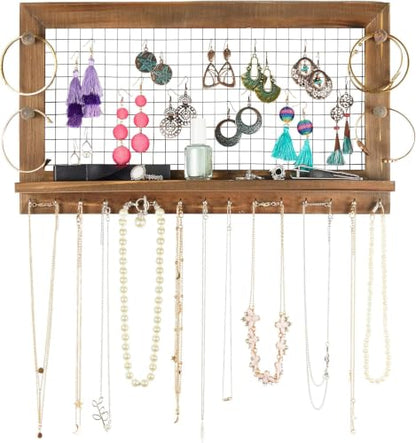 Rustic Jewelry Organizer Wall Mount with Bracelet Pegs-Necklace Holder Earring Hanger-Hanging Mounted Wooden Shelf to Display Earrings Necklaces and Accessories - style: Rustic - Antique Brown