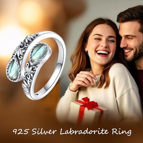 Ring for Women Sterling Silver Adjustable Band Open Rings Jewelry Gifts for Girls - style: Lotus-Labradorite
