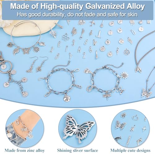 Modacraft 254 Pcs Silver Charms for Jewelry Making with Alphabet Letters | Wholesale Bulk Tibetan Silver Charm Pendants for Bracelet Necklace DIY Crafting - style: Sliver Charm & Letter Charms-254 Pcs