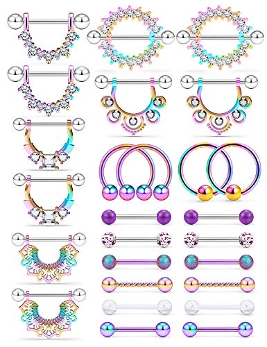 14G Nipple Tongue Rings 6 Pairs Surgical Steel Nipple Nipplerings Shield Ring Barbell Bar Hoop Piercing Body Jewelry CZ Round Shape for Women - color: 13Pairs Rainbrow
