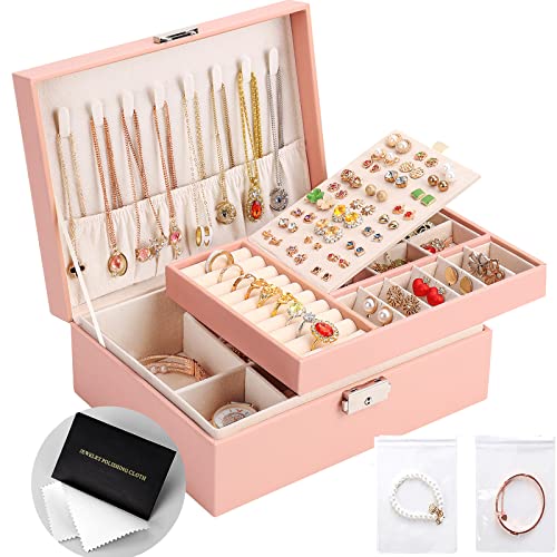 Jewelry Organizer Box, Leather Jewelry Box for Girls Gift Earring Organizer with Lock Double Layers Jewelry Case Removable Tray for Necklace Earring Ring with Polishing Cloth and Jewelry Bags - color: Pink