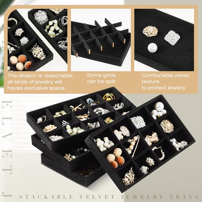 12 Pcs Jewelry Tray Velvet Stackable Jewelry Organizer Trays Divided Earring Accessories Storage Containers Box (Rose Red) - color: Black