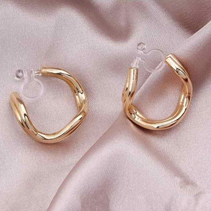 Hoop Invisible Clip On Earrings for Women Not Pierced Gold Small Twisted Hoop Comfortable Silver Large Clip On Earrings - color: Double Waved Hoop Gold