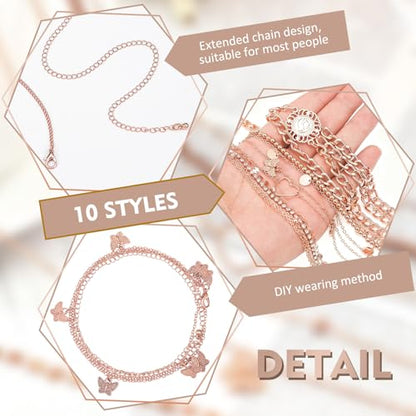 Lenwen 10 Pcs Summer Beach Belly Chain Adjustable Waist Multi Layered Chain Waist Jewelry for Women Girls Multilayer Body - color: Rose Gold, style: Stylish Style