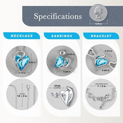 Leafael Necklace Gift Set for Women, Infinity Love Birthstone Heart Pendant with Matching Earrings and Bracelet, for Mom and Wife, Silver Plated - color: 12-Set-December-Aquamarine Blue