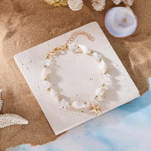 Waterproof Starfish Shell Bead Anklets Bracelets for Women Bohemian Hawaiian Beach Crushed Stone Bead Anklet Summer Mermaid Outfit Costume Jewelry Accessories - color: Transparent