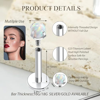 GAGABODY G23 Titanium 16G 6/8/10mm Clear CZ/Opal Internally Threaded Labret Monroe Lip Studs 6mm Helix Cartilage Tragus Earring Piercing - color: 16G-2Pcs - Length:10mm Opal:3mm