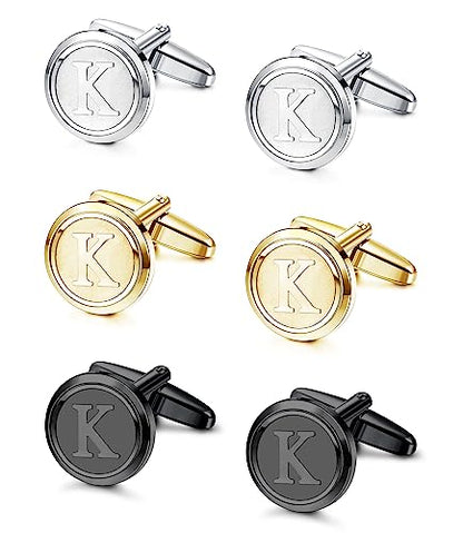 LOLIAS 3 Pairs Initial Cufflinks for Men Classic Mens CuffLinks Set Letter | Cuff Links for Casual to Formal with Gift Box Silver Black 14K Gold Plated Cufflinks for Father Husband Groom Groomsmen Gift - style: Letter K