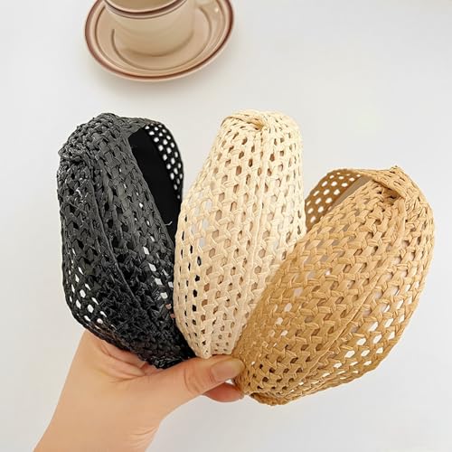 i-lan 3Pack Boho Rattan Woven Headbands, Comfy Wide Head Bands with Three Classical Black,Brown and Beige Hairband, Boho Padded Hair Band Headwear Hoop for Girls, Ladies, Women