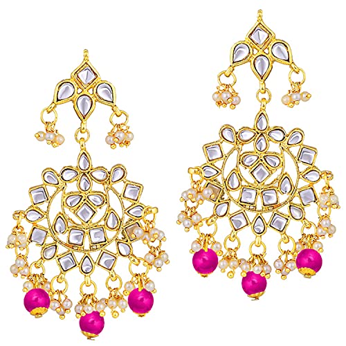 Aheli Elegant Indian Faux Kundan Studded Choker Necklace with Maang Tikka Set Ethnic Wedding Wear Bharatanatyam jewellery set Gift for Women - color: Rani Pink