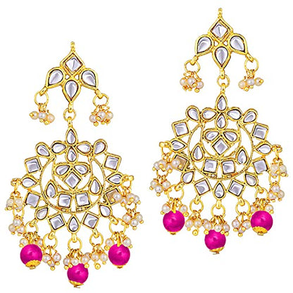 Aheli Elegant Indian Faux Kundan Studded Choker Necklace with Maang Tikka Set Ethnic Wedding Wear Bharatanatyam jewellery set Gift for Women - color: Rani Pink