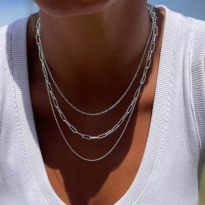 Freekiss Layered Necklace Set for Women Stackable | Herringbone Snake Cuban Rope Chain, Dainty Choker, Layered Stackable, Non Tarnish, Hypoallergenic, Adjustable 14-18.5" - color: Silver, style: Paperclip+O Chain+Box Chain