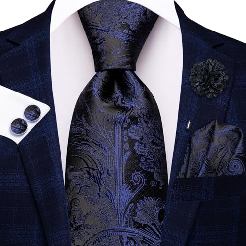 Hi-Tie Men's Silk Ties Formal Woven Classic Necktie Pocket Square Cufflinks Lapel Pin Set Wedding Business - color: A Navy Blue and Black