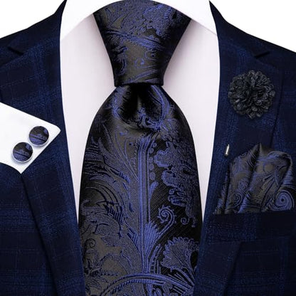 Hi-Tie Men's Silk Ties Formal Woven Classic Necktie Pocket Square Cufflinks Lapel Pin Set Wedding Business - color: A Navy Blue and Black