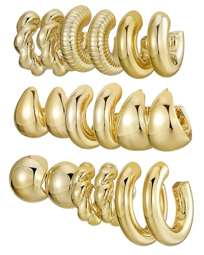 IFKM 24 Pairs Gold Hoop Earrings Set for Women Hypoallergenic Chunky Chain Twisted Open Hoops Dangle Earring Packs for Birthday Party Christmas Fashion Jewelry Gift - color: 9 Pairs Gold