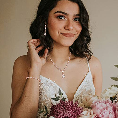 Teardrop Marquise Cubic Zirconia Wedding Prom Jewelry Set for Women Bridal | Silver/Gold/Rose Gold Plated, Pear Cut Pendant Necklace Drop Earrings Link Bracelet, for Bride Bridesmaid, for Banquet Party - style: B_Three Set, Rose Gold (Teardrop)