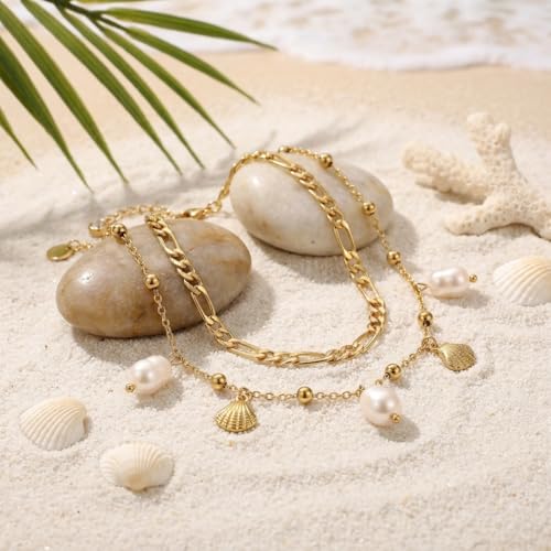 Dainty Gold Shell Pearl Ankle Bracelets for Women, Trendy Anklet Stack Charm Bracelet Adjustable Chain Summer Ocean Beach Accessories Fashion Jewelry Gift - color: Figaro Chain