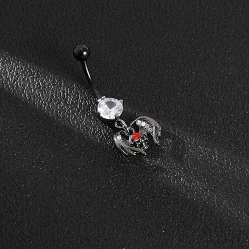 14G Surgical Stainless Steel Dangle Belly Button Rings for Women Belly Ring Dangling Piercing Jewelry CZ Snake lizard Skull Spider bat Halloween Party Punk Rock - style: Winged Skull