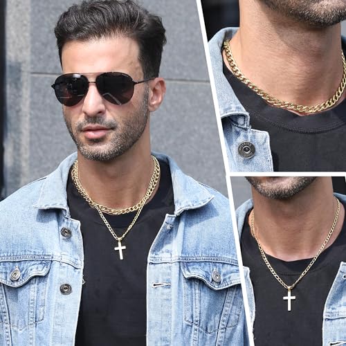 WEDDINEN Cross Necklace for Men Boys, Stainless Steel Layered Cross Pendant Cuban/Figaro Chains Christmas Jewelry Gifts - color: Silver, size: 22in/24in