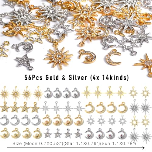 stino Jewelry Celestial Charms Set, Moon Star Sun Pendants | 48/56 Pcs, Silver & Gold Plated, DIY Jewelry Making Accessories - style: Rhinestone
