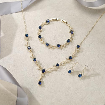 EVER FAITH Cubic Zirconia Pearl Leaf Bridal Jewelry Set for Bride Women | White Wedding Prom Necklace Dangle Earrings Bracelet, for Bridesmaid - color: CZ_Blue Gold-Plated-Brass