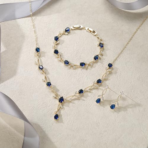 EVER FAITH Cubic Zirconia Pearl Leaf Bridal Jewelry Set for Bride Women | White Wedding Prom Necklace Dangle Earrings Bracelet, for Bridesmaid - color: CZ_Blue Gold-Plated-Brass
