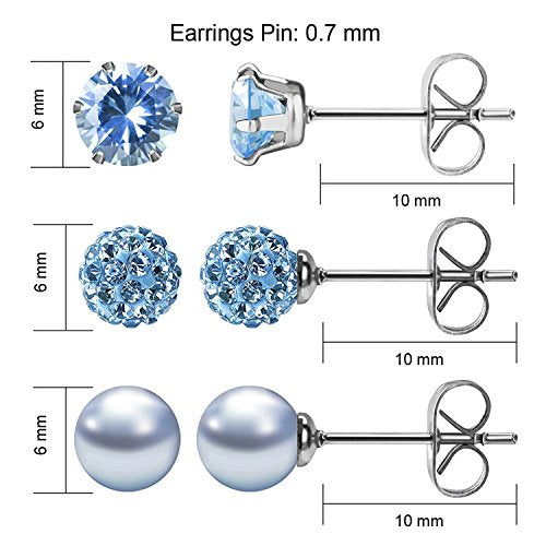 JewelrieShop Birthstone Studs Earring Set Cubic Zirconia Rhinestones Crystal Ball Faux Pearl Stainless Steel Stud Earrings for Women Jewelry Gift (6mm Round,3 Pairs) - color: 3) Mar. - Light Blue