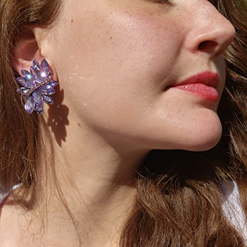 Rosemarie Collections Women's Dazzling Crystal Marquis Leaf Cluster Statement Clip On Earrings, 1.87" - style: Lavender Purple With Rose Pink Crystal Silver Tone