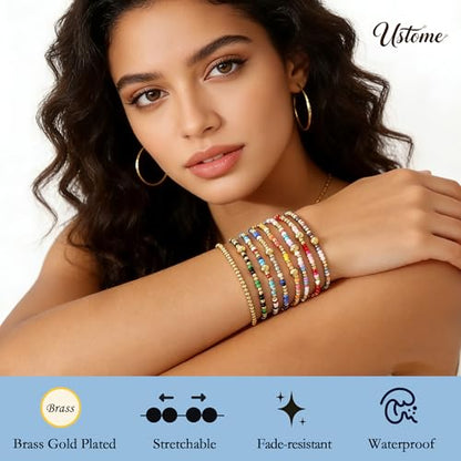 Colorful Stackable Rice Small Mini Seed Beaded Bracelets Set For Women, Handmade Dainty Boho Gold Glass Stretch Accessories Jewelry,Summer Beach Party Daily Friendship Gift - color: Rainbow175