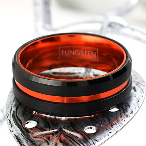 Engraved Personalized 6mm/8mm Brushed Finish Black Tungsten Carbide Band Ring w/Metallic Orange Stripe & Matching Anodized Aluminum Inner Band.
