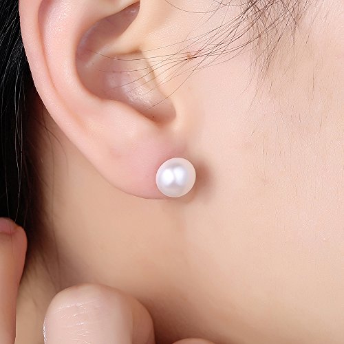 ALYC Pearl Earrings Freshwater Pearl White Button Stud Earrings with 925 Sterling Silver for Women - size: 8.5-9.0mm