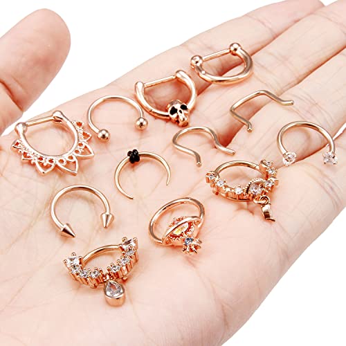 Vsnnsns 16G Septum Rings Piercing Jewelry 316L Stainless Surgical Steel Skull Flower Dangle Clicker Horseshoe Septum Nose Rings Hoop Piercing Jewelry for Women Men Silver Black Rose Gold 10mm - color: Rose Gold Tone