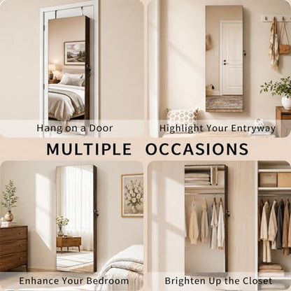 Lockable Jewelry Cabinet Organizer with Full Length Mirror, 6 Auto LED Lights, Wall & Over Door Mount Jewelry Armoire with Earring Slots, Necklace Hooks, Foldable Makeup Shelf - color: Brown