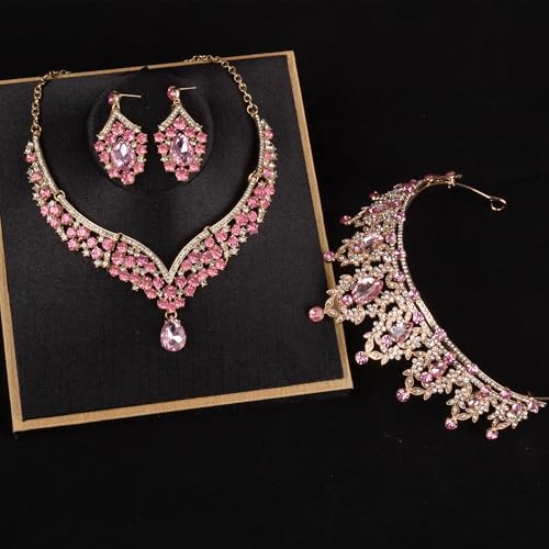 Crowns and Tiaras jewelry sets for Wedding princess birthday party Halloween Prom Pageant Jewelry for Women Crystal Bridal Jewelry Set for women - color: Gold Pink
