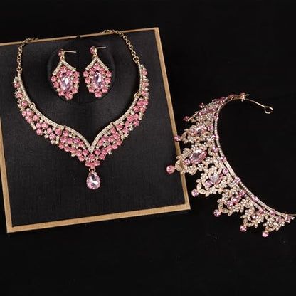 Crowns and Tiaras jewelry sets for Wedding princess birthday party Halloween Prom Pageant Jewelry for Women Crystal Bridal Jewelry Set for women - color: Gold Pink